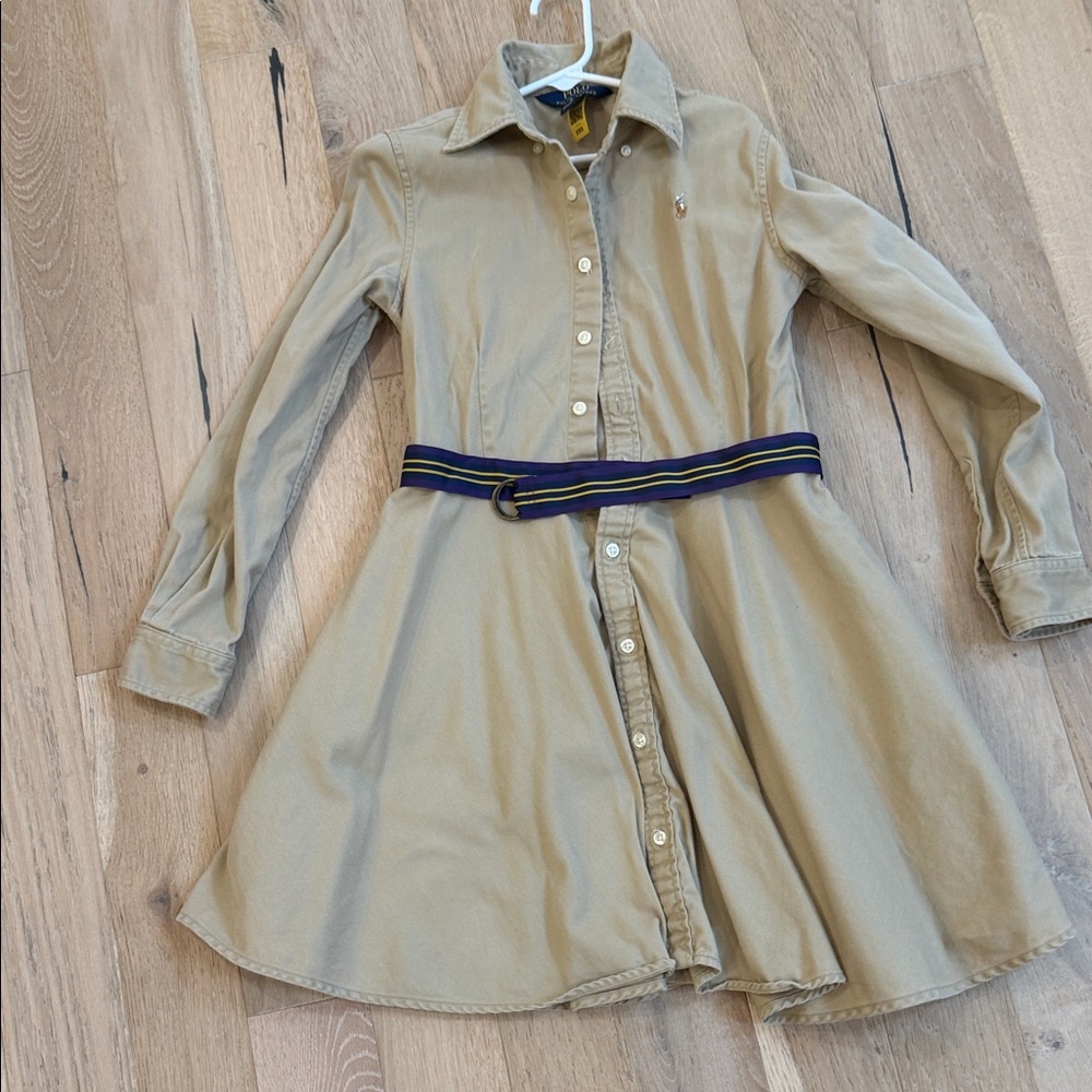 Ralph Lauren Tan Button-Front Shirt Dress with Striped Navy Belt